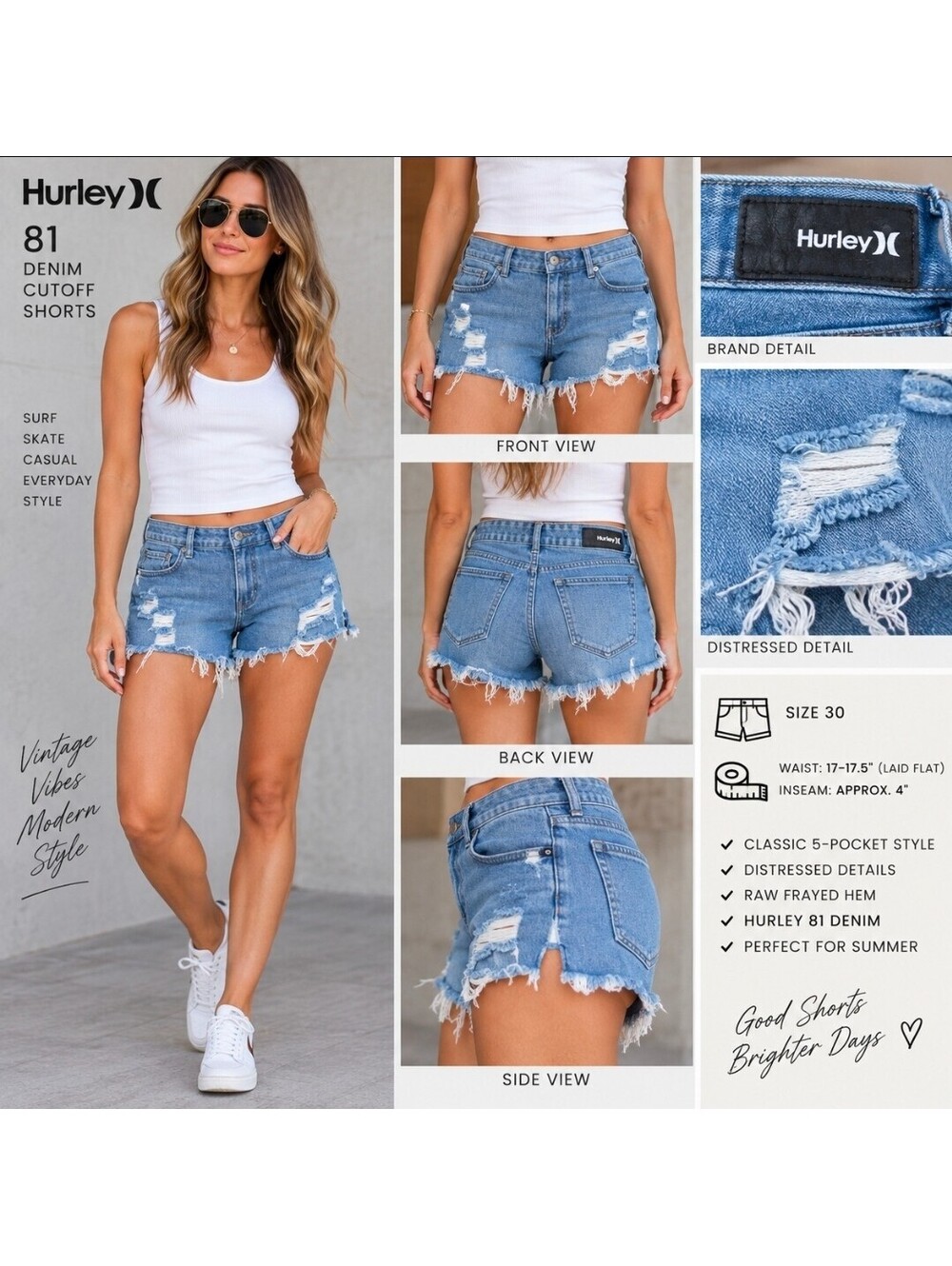 Hurley 81 Women’s Size 30 Distressed Denim Cutoff Shorts Blue Raw Hem Y2K